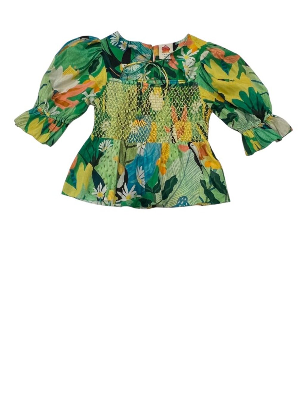 FARM Rio Vintage Toucans Smocked Peplum Top, Green, S - Picture 12 of 12